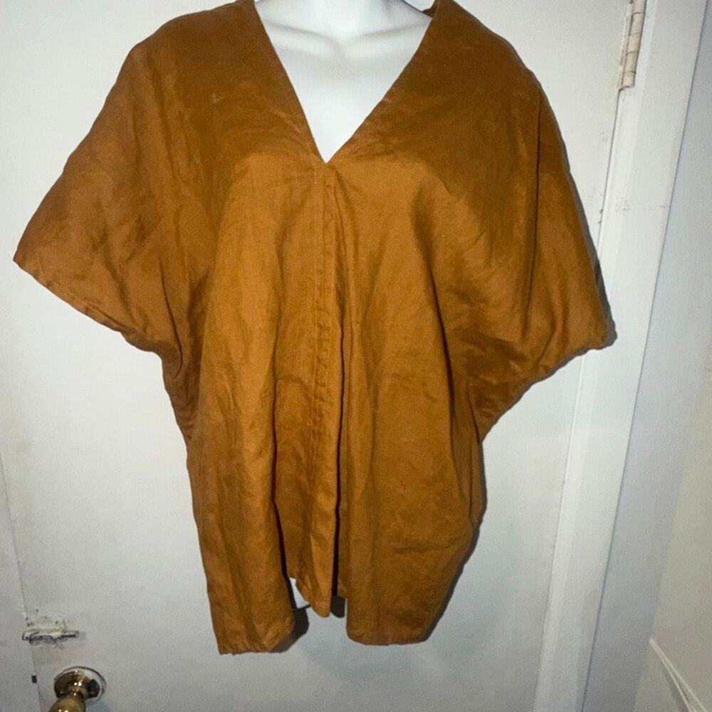 TAKARA Goldenrod Linen V Neck Top-L/XL